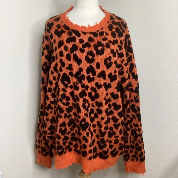 R13 Cashmere Sweater Orange Black Leopard Oversized Lg - Picture 2 of 12